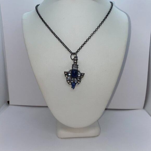 Black Metal Blue & Clear Rhinestone Necklace - Picture 1 of 12